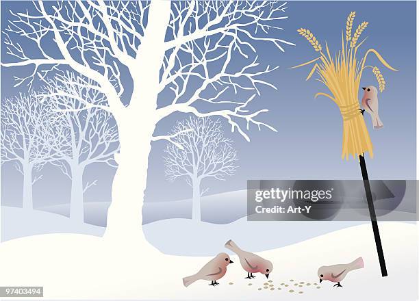 stockillustraties, clipart, cartoons en iconen met winter landscape with birds - bird seed