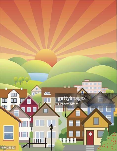 stockillustraties, clipart, cartoons en iconen met variety of small and large houses in neighbourhood - veranda