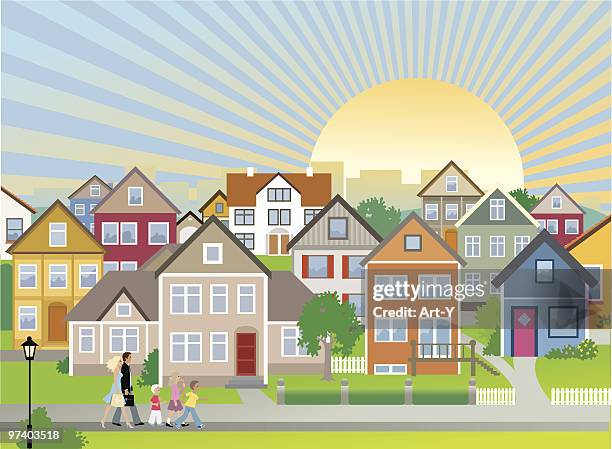 family and children walking down neighbourhood street with houses - family with three children stock illustrations