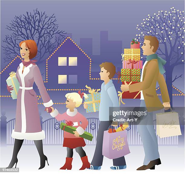 family walking outside in winter and holding christmas presents - urban mother and daughter stock illustrations