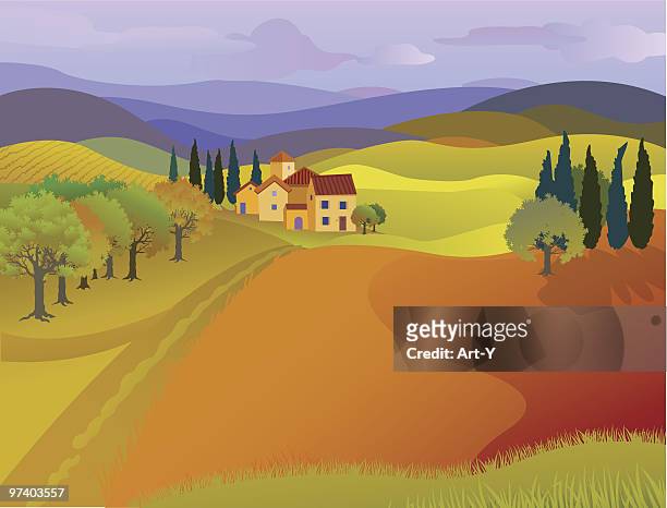 ilustrações de stock, clip art, desenhos animados e ícones de paisagem de casa com rolar hills e pastagens - village