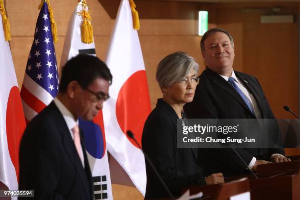 Secretary of State Mike Pompeo attends with South Korean Foreign Minister Kang Kyung-wha and Japanese Foreign Minister Taro Kono during their joint...