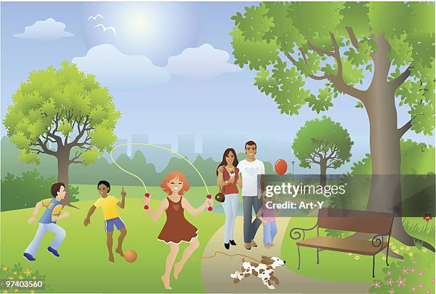 ilustraciones, imágenes clip art, dibujos animados e iconos de stock de parque ajetreado entorno con gente jugando en día soleado - brincar