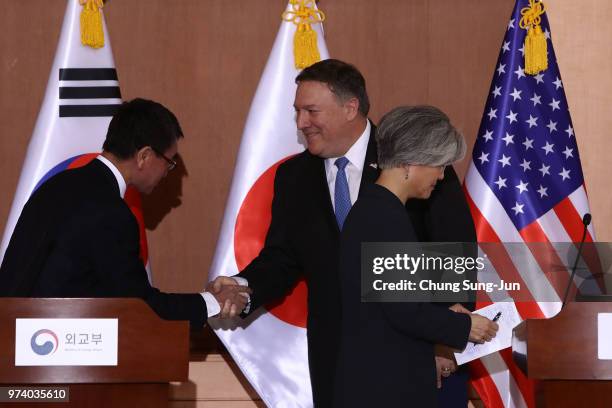 Secretary of State Mike Pompeo, South Korean Foreign Minister Kang Kyung-wha and Japanese Foreign Minister Taro Kono leave after joint press...