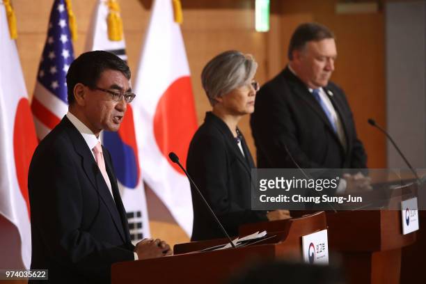 Secretary of State Mike Pompeo attends with South Korean Foreign Minister Kang Kyung-wha and Japanese Foreign Minister Taro Kono during their joint...