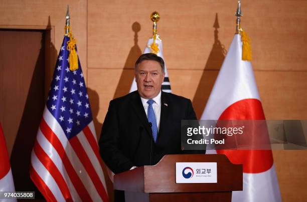 Secretary of State Mike Pompeo attends the joint press conference with South Korean Foreign Minister Kang Kyung-wha and Japanese Foreign Minister...
