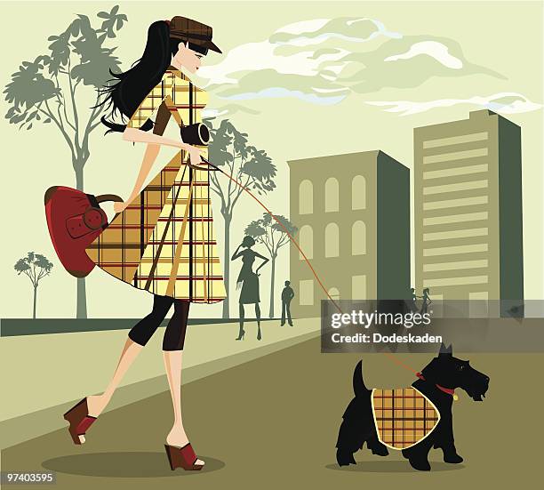 ilustrações de stock, clip art, desenhos animados e ícones de moderno jovem mulher andar seu cão a cidade - alto altura humana