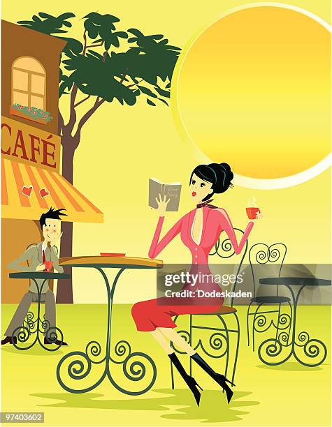 ilustraciones, imágenes clip art, dibujos animados e iconos de stock de hombre disfrutas de la mujer en las tablas en café - chica-tomando-cafe