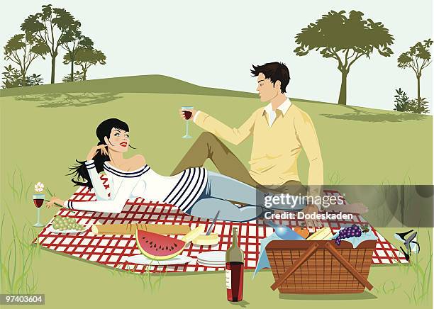 young couple having picnic in park - couple picnic stock illustrations