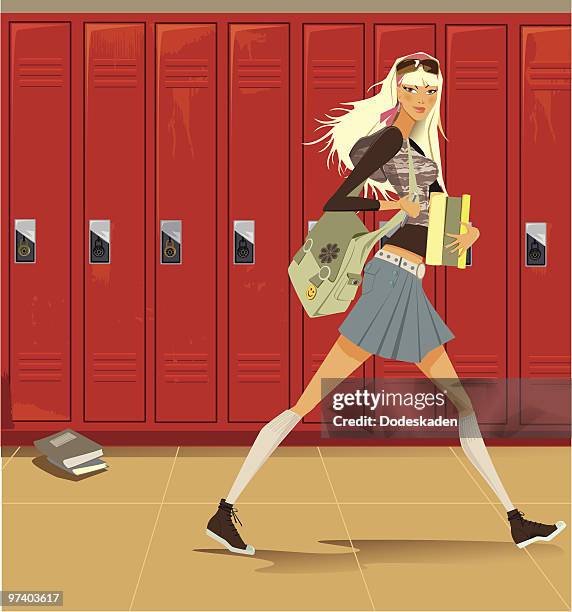female student walking through hallway with lockers - corridor stock illustrations
