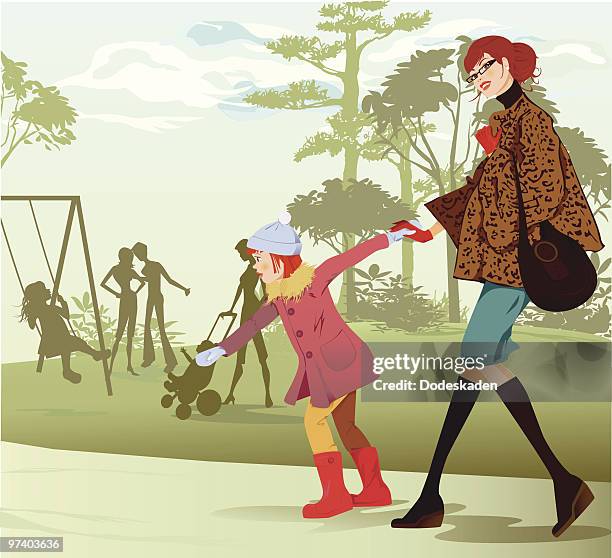 kleine mädchen und mutter zu fuß in richtung spielplatz - kind auf schaukel mit mama stock-grafiken, -clipart, -cartoons und -symbole