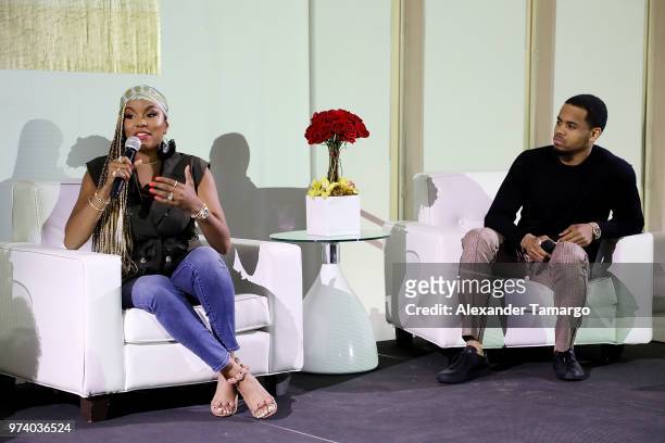 LaToya Luckett and Tristan 'Mack' Wilds speak on stage at the Cadillac Welcome Luncheon At ABFF: Black Hollywood Now at The Temple House on June 13,...