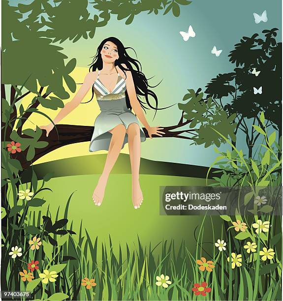 woman sitting on branch in field with butterflies and flowers - lepidoptera stock illustrations