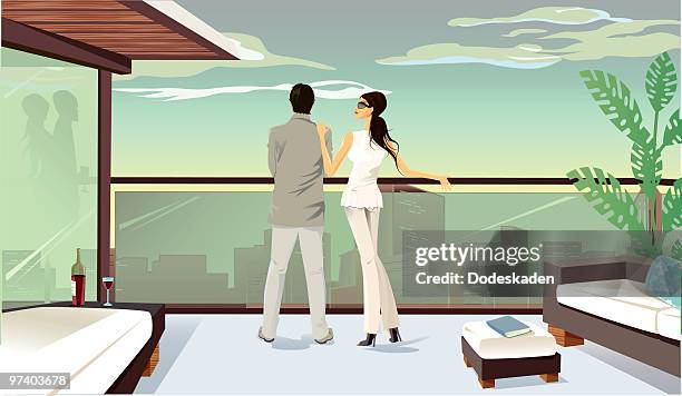 ilustrações, clipart, desenhos animados e ícones de jovem casal com vista para a cidade, varanda - apartamento de cobertura