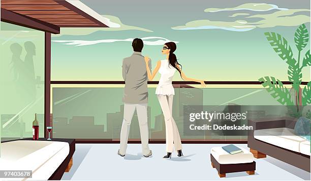 a colored drawing of a couple looking over a balcony - legs crossed at knee stock illustrations