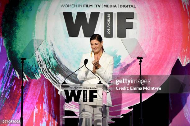 Max Mara Vice President US Retail and Global Brand Ambassador Maria Giulia Maramotti speaks onstage during the Women In Film 2018 Crystal + Lucy...