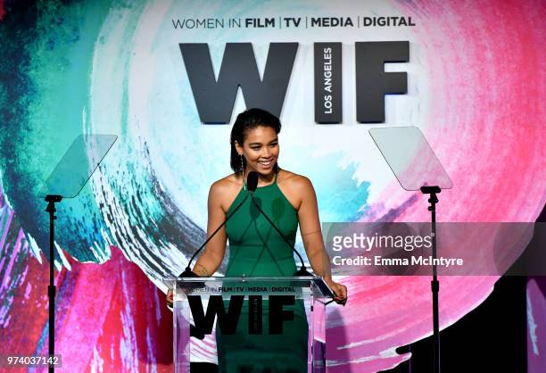 Honoree Alexandra Shipp accepts The Women In Film Max Mara Face of the Future Award onstage during the Women In Film 2018 Crystal + Lucy Awards...