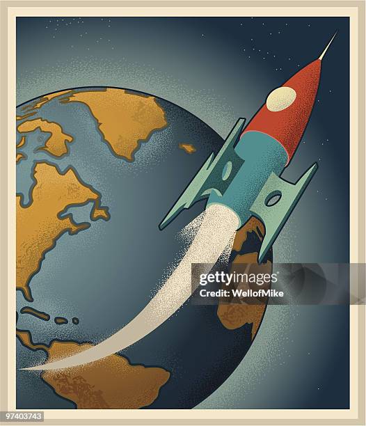 rocketship with earth in background - retro spaceship stock illustrations
