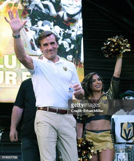 Vegas Golden Knights President of Hockey Operations and general manager George McPhee waves to to the crowd as he is introduced at the team's "Stick...