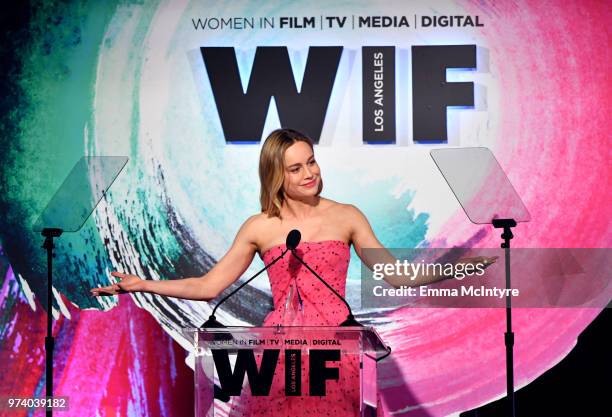 Brie Larson accepts The Crystal Award for Excellence in Film onstage during the Women In Film 2018 Crystal + Lucy Awards presented by Max...