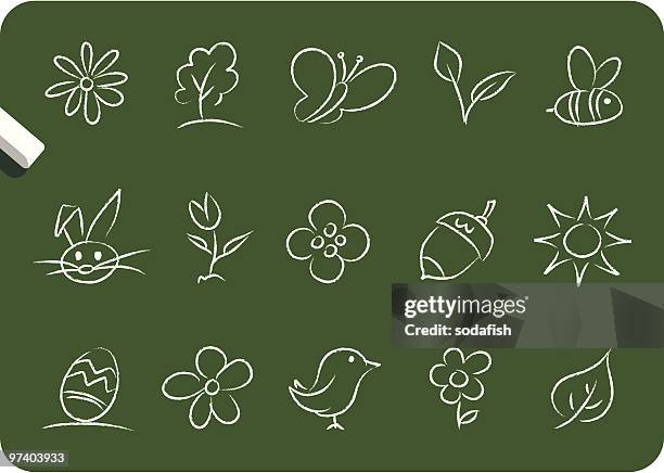 spring and easter icons - flowers chalk drawings stock illustrations