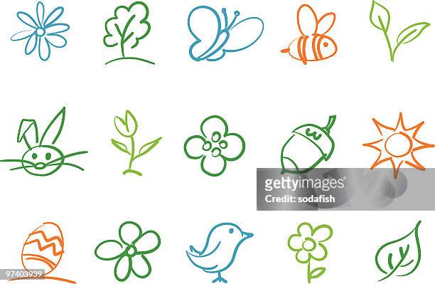 spring icons - sky and trees green leaf illustration stock illustrations