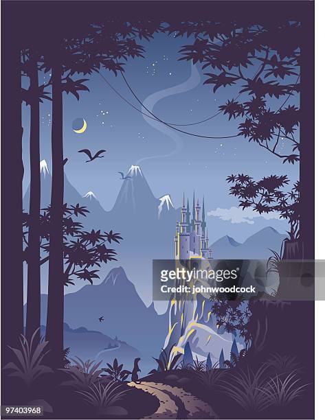 illustrazioni stock, clip art, cartoni animati e icone di tendenza di paesaggio di fantasia con castello, sulla collina - immaginazione