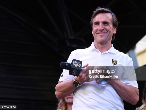 Vegas Golden Knights President of Hockey Operations and general manager George McPhee smiles as the crowd chants during the team's "Stick Salute to...