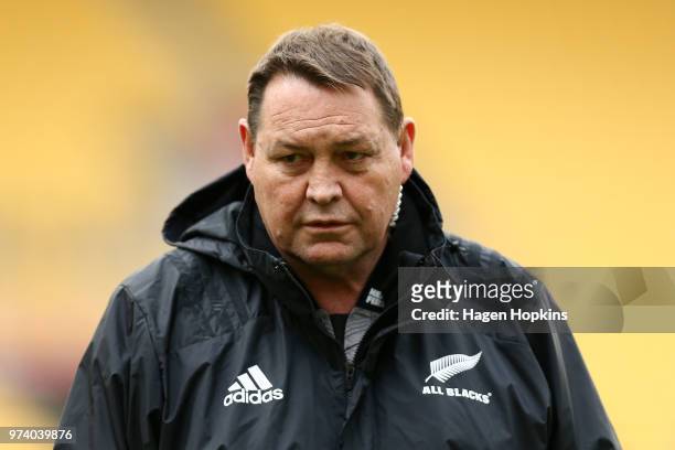 Coach Steve Hansen looks on during a New Zealand All Blacks training session at Westpac Stadium on June 14, 2018 in Wellington, New Zealand.