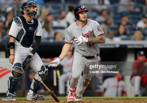 Matt Adams of the Washington Nationals follows through on a hit in the fourth inning against the New York Yankees at Yankee Stadium on June 13, 2018...