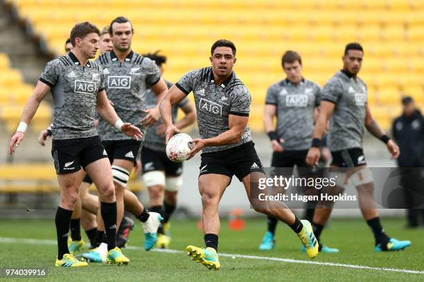 Anton Lienert-Brown in action during a New Zealand All Blacks training session at Westpac Stadium on June 14, 2018 in Wellington, New Zealand.