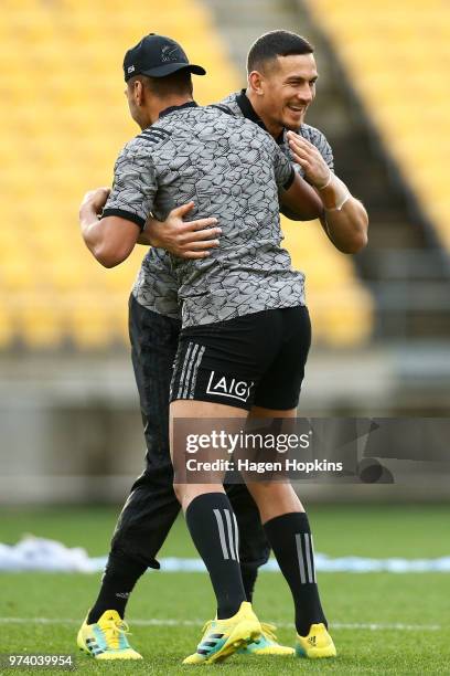 Sonny Bill Williams and Rieko Ioane train together during a New Zealand All Blacks training session at Westpac Stadium on June 14, 2018 in...