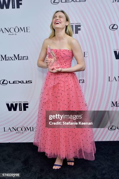 Honoree Brie Larson poses with The Crystal Award for Excellence in Film during the Women In Film 2018 Crystal + Lucy Awards presented by Max Mara,...