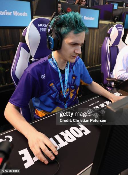 Gamer 'Ninja' competes in the Epic Games Fortnite E3 Tournament at the Banc of California Stadium on June 12, 2018 in Los Angeles, California.