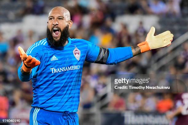 Tim Howard of Colorado Rapids yells to an official at Dick's Sporting Goods Park on June 13, 2018 in Commerce City, Colorado.