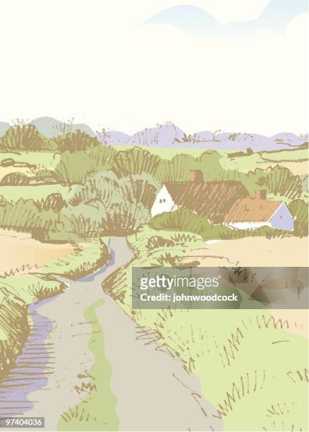 sketchy vertical landscape - english farmhouse stock illustrations