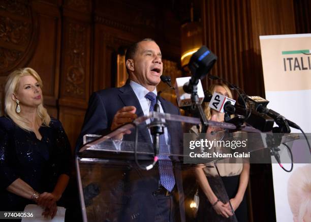 David Paterson speaks at Ivana Trump's press conference announcing her new campaign to fight obesity at The Plaza Hotel on June 13, 2018 in New York...