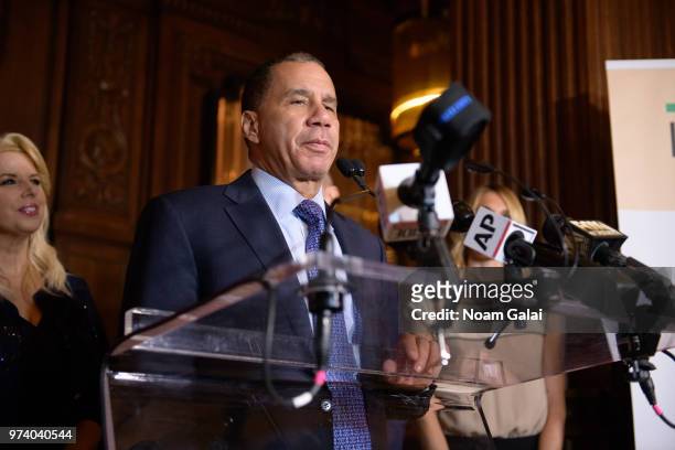 David Paterson speaks at Ivana Trump's press conference announcing her new campaign to fight obesity at The Plaza Hotel on June 13, 2018 in New York...