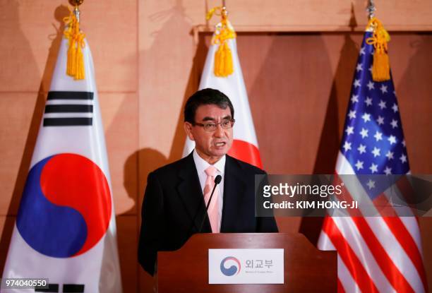 Japan's Foreign Minister Taro Kono speaks during a joint news conference with his US and South Korean counterparts at the Foreign Ministry in Seoul...