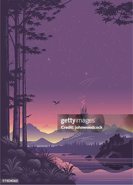 distant city landscape at sunset - fantasy stock illustrations