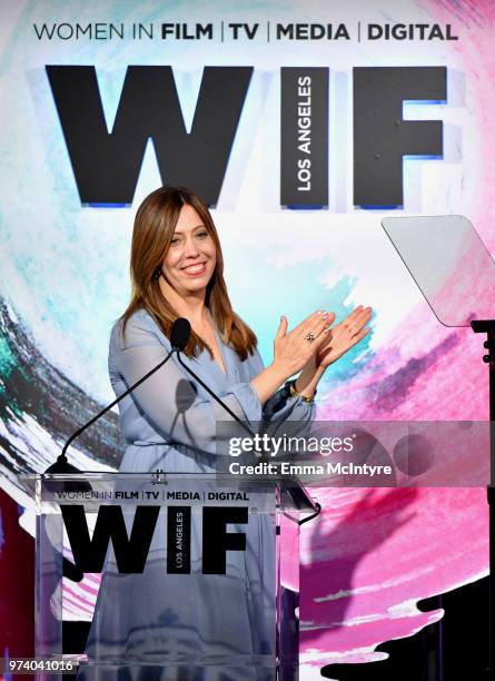 Executive Director of Women In Film, Los Angeles Kirsten Schaffer speaks onstage during the Women In Film 2018 Crystal + Lucy Awards presented by Max...