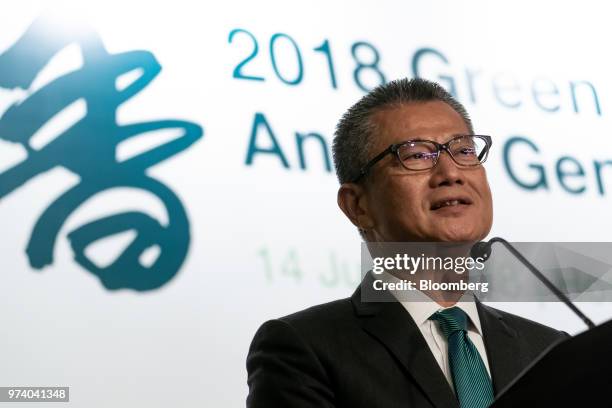 Paul Chan, Hong Kong's financial secretary, speaks during the Green and Social Bond Principles annual general meeting and conference in Hong Kong,...