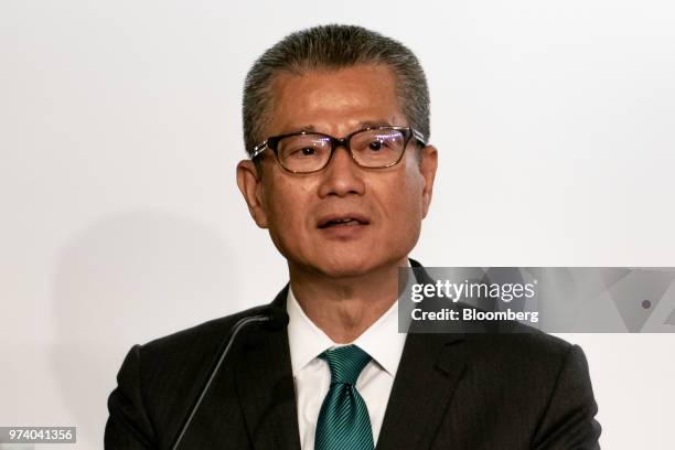 Paul Chan, Hong Kong's financial secretary, speaks during the Green and Social Bond Principles annual general meeting and conference in Hong Kong,...