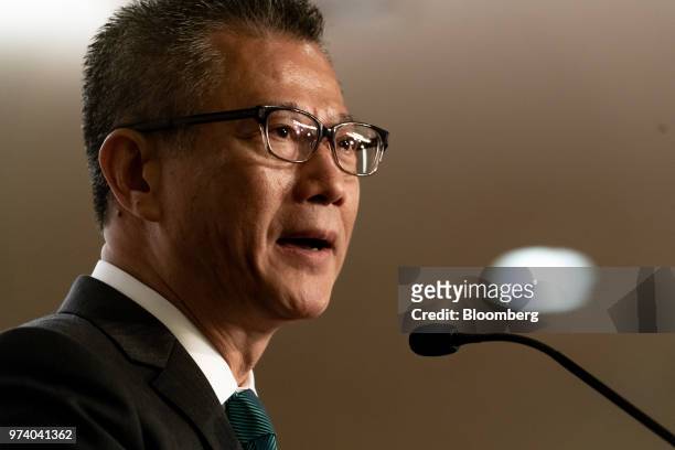Paul Chan, Hong Kong's financial secretary, speaks during the Green and Social Bond Principles annual general meeting and conference in Hong Kong,...