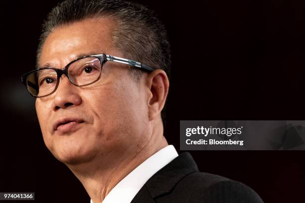 Paul Chan, Hong Kong's financial secretary, speaks during the Green and Social Bond Principles annual general meeting and conference in Hong Kong,...