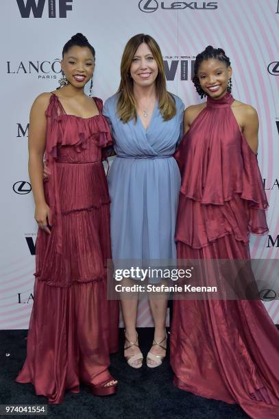 Chloe Bailey of Chloe X Halle, Executive Director of Women In Film, Los Angeles Kirsten Schaffer and Halle Bailey of Chloe X Halle pose with The...