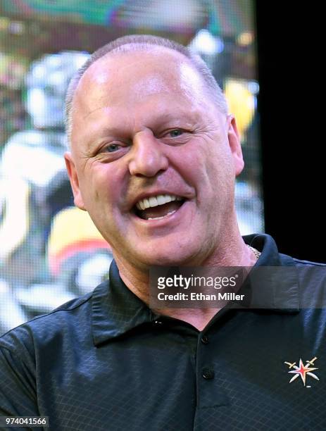 Head coach Gerard Gallant of the Vegas Golden Knights smiles during the team's "Stick Salute to Vegas and Our Fans" event at the Fremont Street...