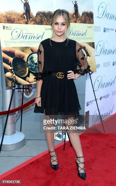 Actress Brec Bassinger arrives at the Magnolia Pictures' 'Damsel' premiere at ArcLight Hollywood, in Hollywood, California on June 13, 2018.