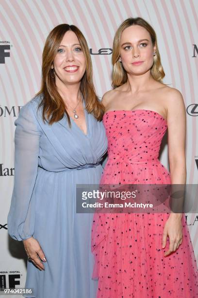 Executive Director of Women In Film, Los Angeles Kirsten Schaffer , wearing Max Mara, and Brie Larson attend the Women In Film 2018 Crystal + Lucy...