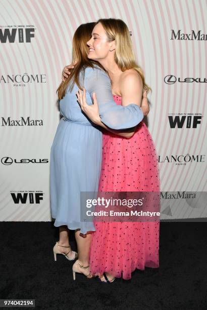 Executive Director of Women In Film, Los Angeles Kirsten Schaffer , wearing Max Mara, and Brie Larson attend the Women In Film 2018 Crystal + Lucy...